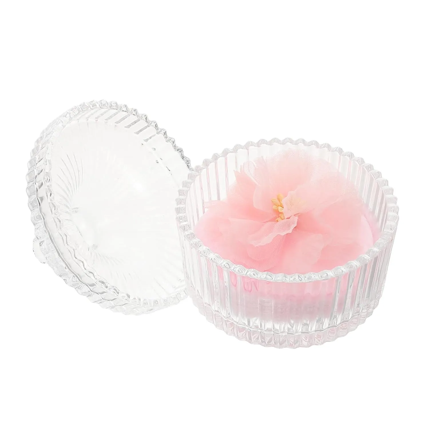 1 Set Elegant Powder Puff with Decorative Storage Box Ribbon Flower Design Soft Velvet Dual Sided Applicator for Body and Face Powder Includes Glass Dustproof Container