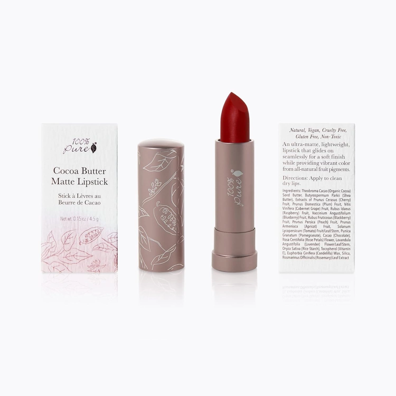 100% PURE Cocoa Butter Matte Lipstick Full Stay All Day Coverage, Lasting Moisturizing & Softening Natural Lip Color for All Skin Tones Vegan Fruit Pigmented Blood Orange (Classic Brick Red) - 0.15 oz