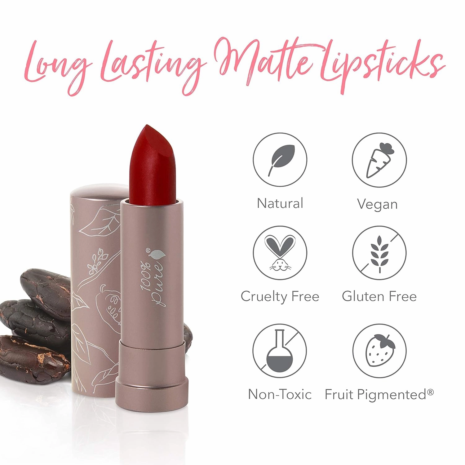 100% PURE Cocoa Butter Matte Lipstick Full Stay All Day Coverage, Lasting Moisturizing & Softening Natural Lip Color for All Skin Tones Vegan Fruit Pigmented Blood Orange (Classic Brick Red) - 0.15 oz