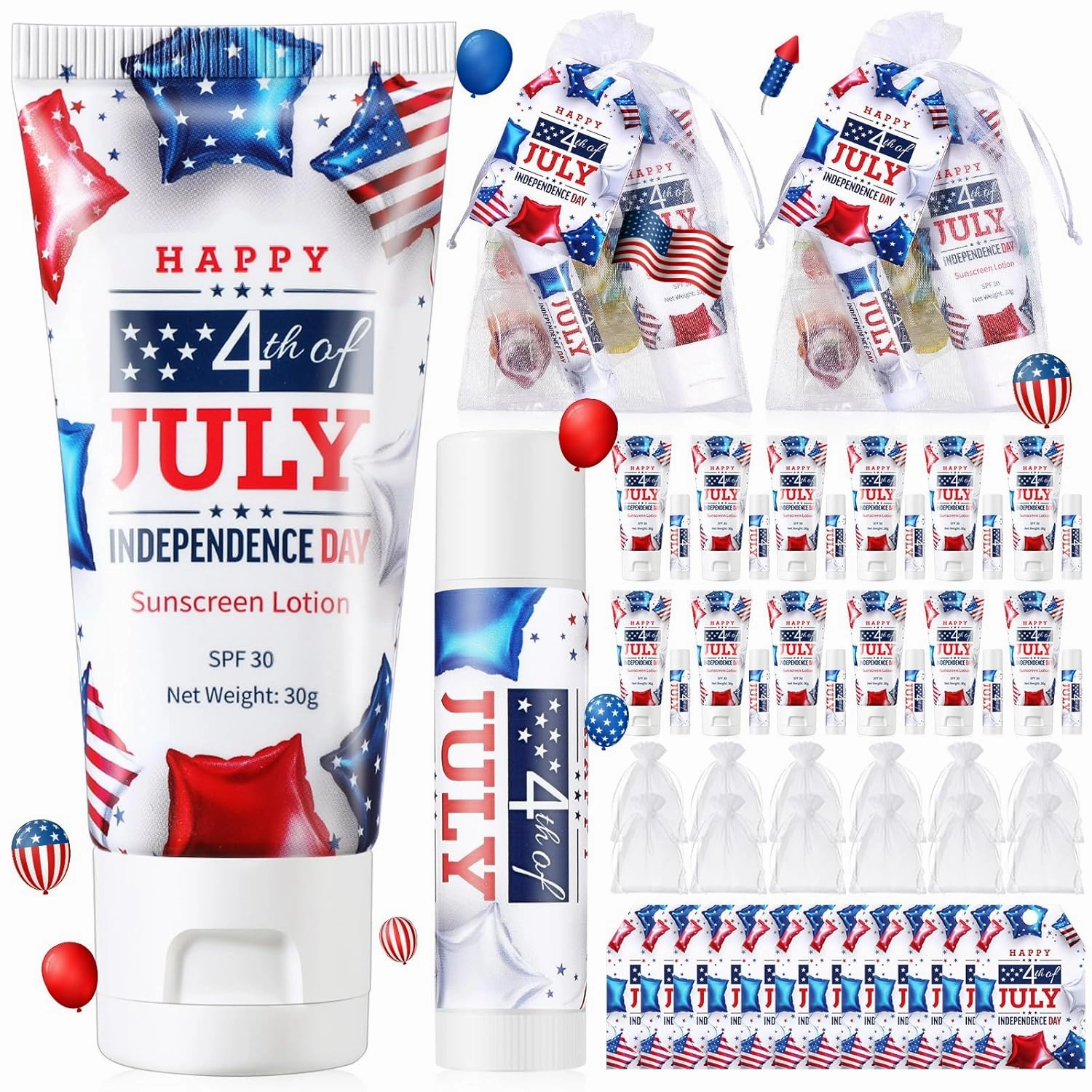 12 Sets 4th of July Party Supplies Bulk Travel Size Spf 30 Mini Sunscreen and Sunscreen Lip Balms for Patriotic Party Favors