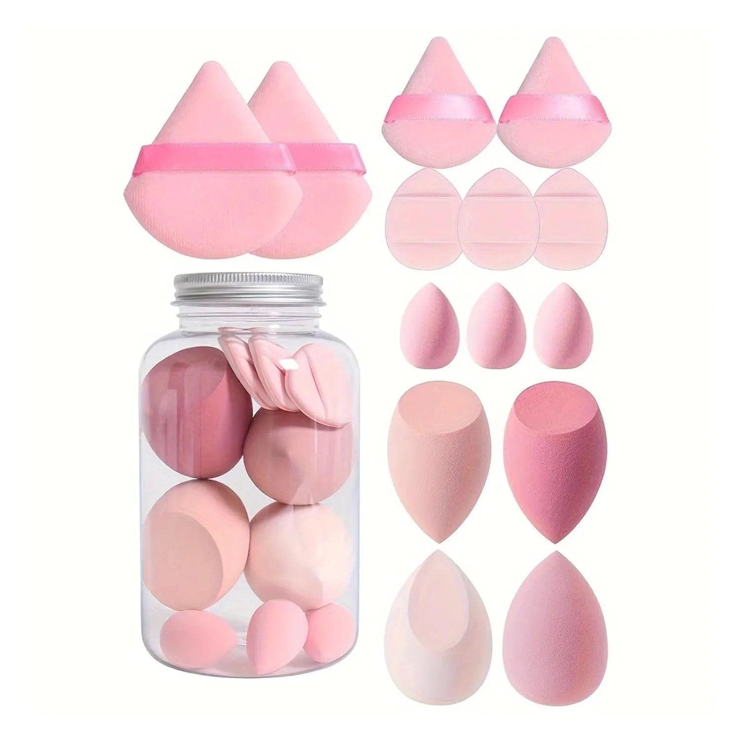 14pc Makeup Sponge Set With Storage Jar, Velvet Beauty Blenders, Makeup Sponge Finger Puff, Foundation Cosmetic Puffs(Pink)