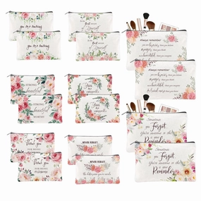 16PCS Canvas Cosmetic Bag Bulk Inspirational Quotes Makeup Bags Encouragement Travel Pouch Zipper Cosmetic Pouch Appreciation Gift for Women Teacher Friend Birthday Graduation(Flower)