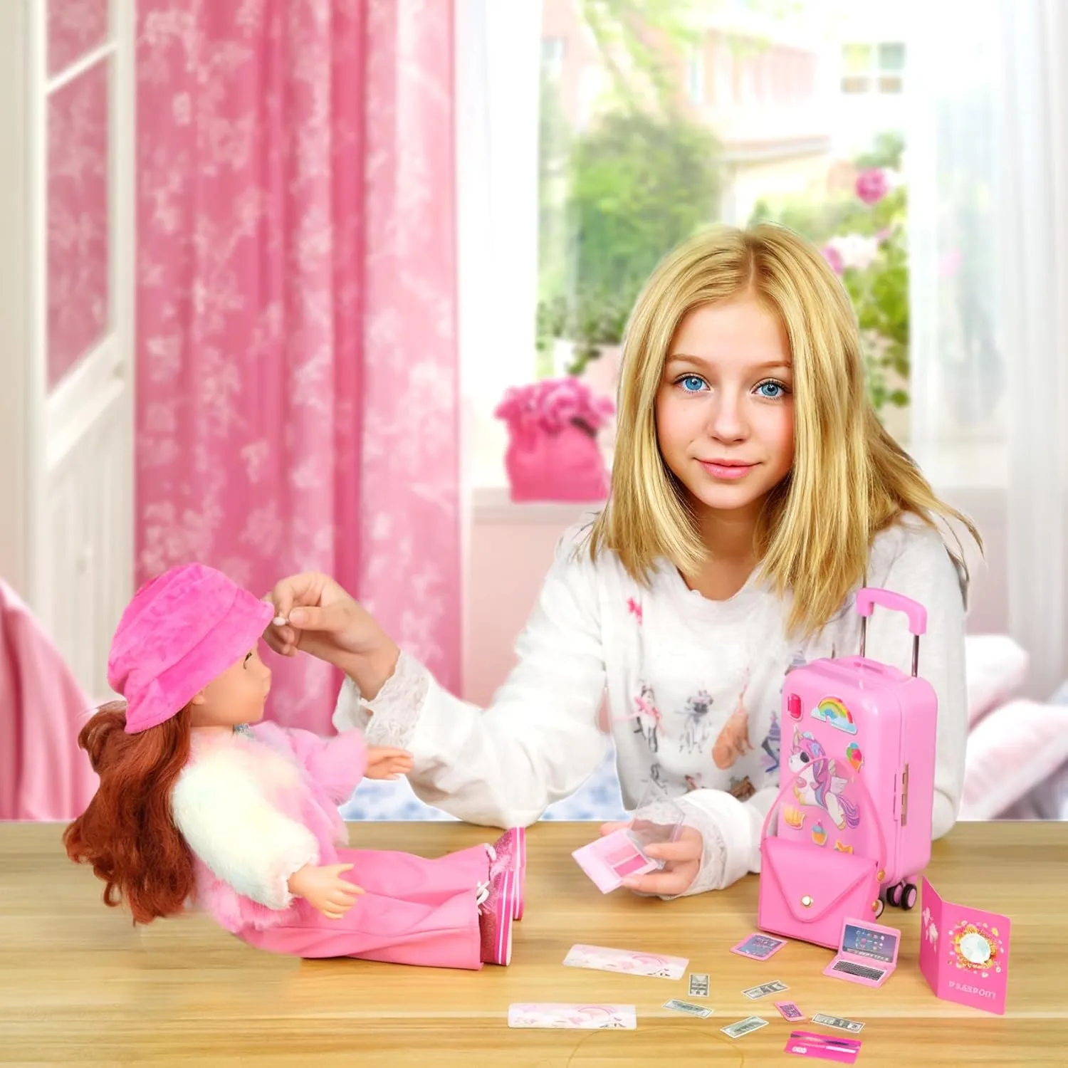 18 inch Doll Clothes and Accessories - Doll Travel Suitcase Luggage, Clothes and Shoes, Bag, Sunglasses, Camera, Passport, Notebook, Phone, pad Travel Gear Play Set(No Doll)