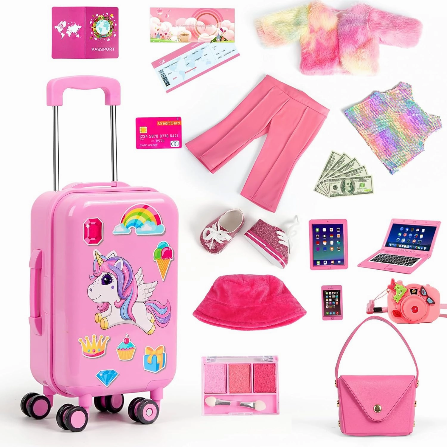 18 inch Doll Clothes and Accessories - Doll Travel Suitcase Luggage, Clothes and Shoes, Bag, Sunglasses, Camera, Passport, Notebook, Phone, pad Travel Gear Play Set(No Doll)