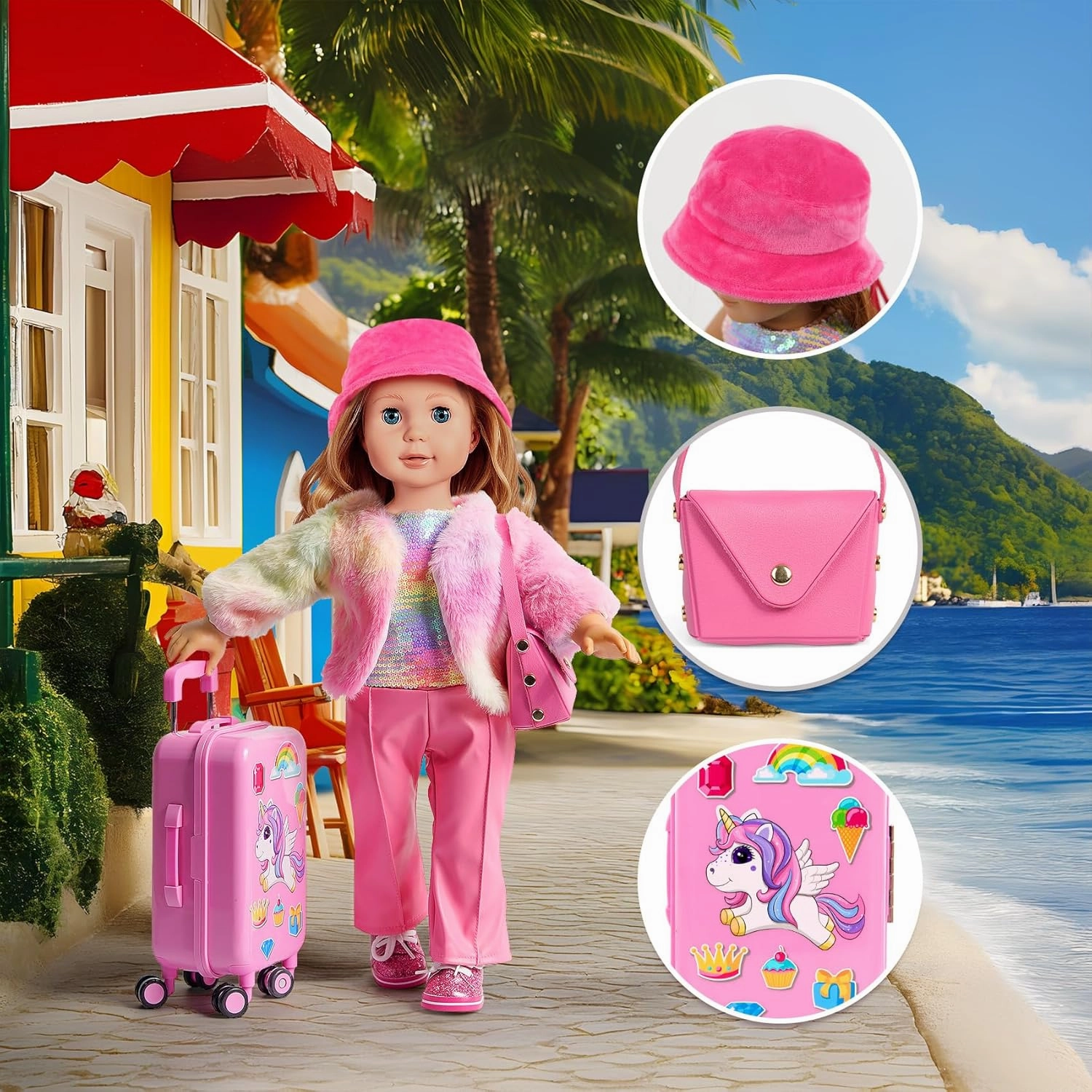18 inch Doll Clothes and Accessories - Doll Travel Suitcase Luggage, Clothes and Shoes, Bag, Sunglasses, Camera, Passport, Notebook, Phone, pad Travel Gear Play Set(No Doll)