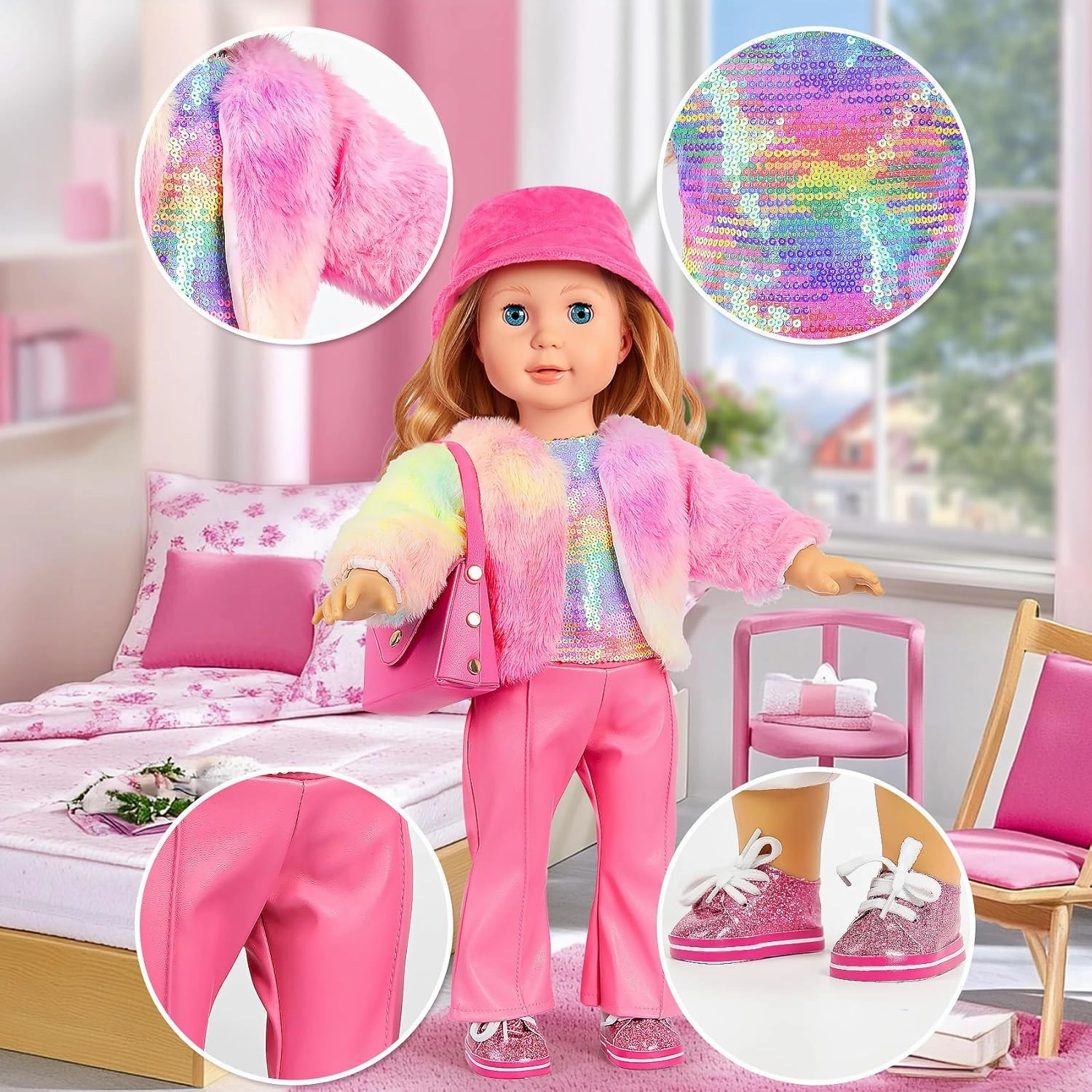 18 inch Doll Clothes and Accessories - Doll Travel Suitcase Luggage, Clothes and Shoes, Bag, Sunglasses, Camera, Passport, Notebook, Phone, pad Travel Gear Play Set(No Doll)