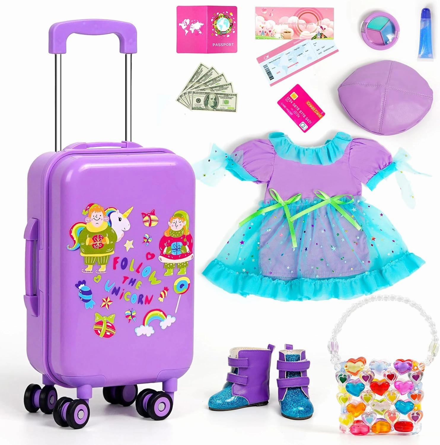 18-inch-Doll-Clothes and Accessories - Doll-Travel-Suitcase Luggage, Clothes and Shoes, Handbag, Berets,Passport, Notebook, Travel Gear Play Sets(No Doll)