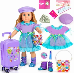 18-inch-Doll-Clothes and Accessories - Doll-Travel-Suitcase Luggage, Clothes and Shoes, Handbag, Berets,Passport, Notebook, Travel Gear Play Sets(No Doll)