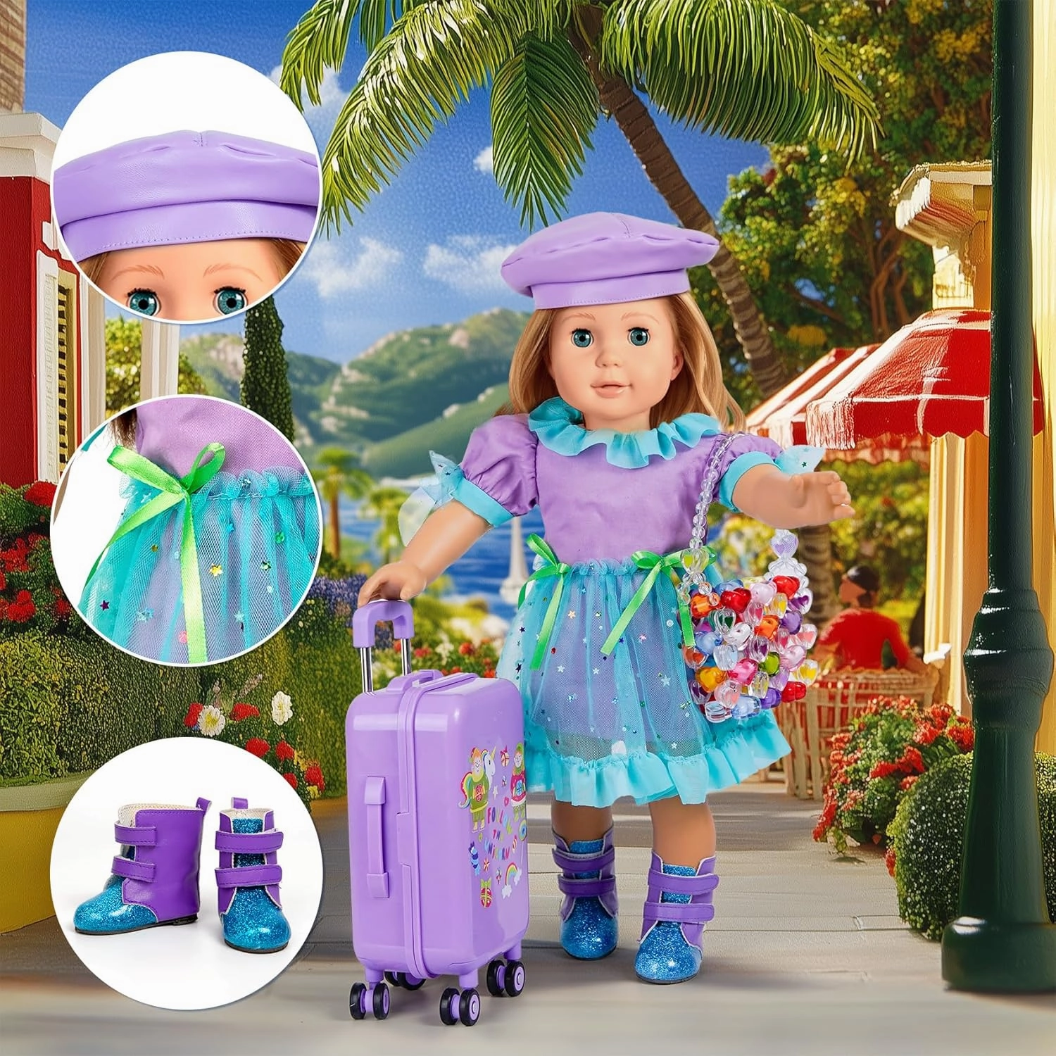 18-inch-Doll-Clothes and Accessories - Doll-Travel-Suitcase Luggage, Clothes and Shoes, Handbag, Berets,Passport, Notebook, Travel Gear Play Sets(No Doll)