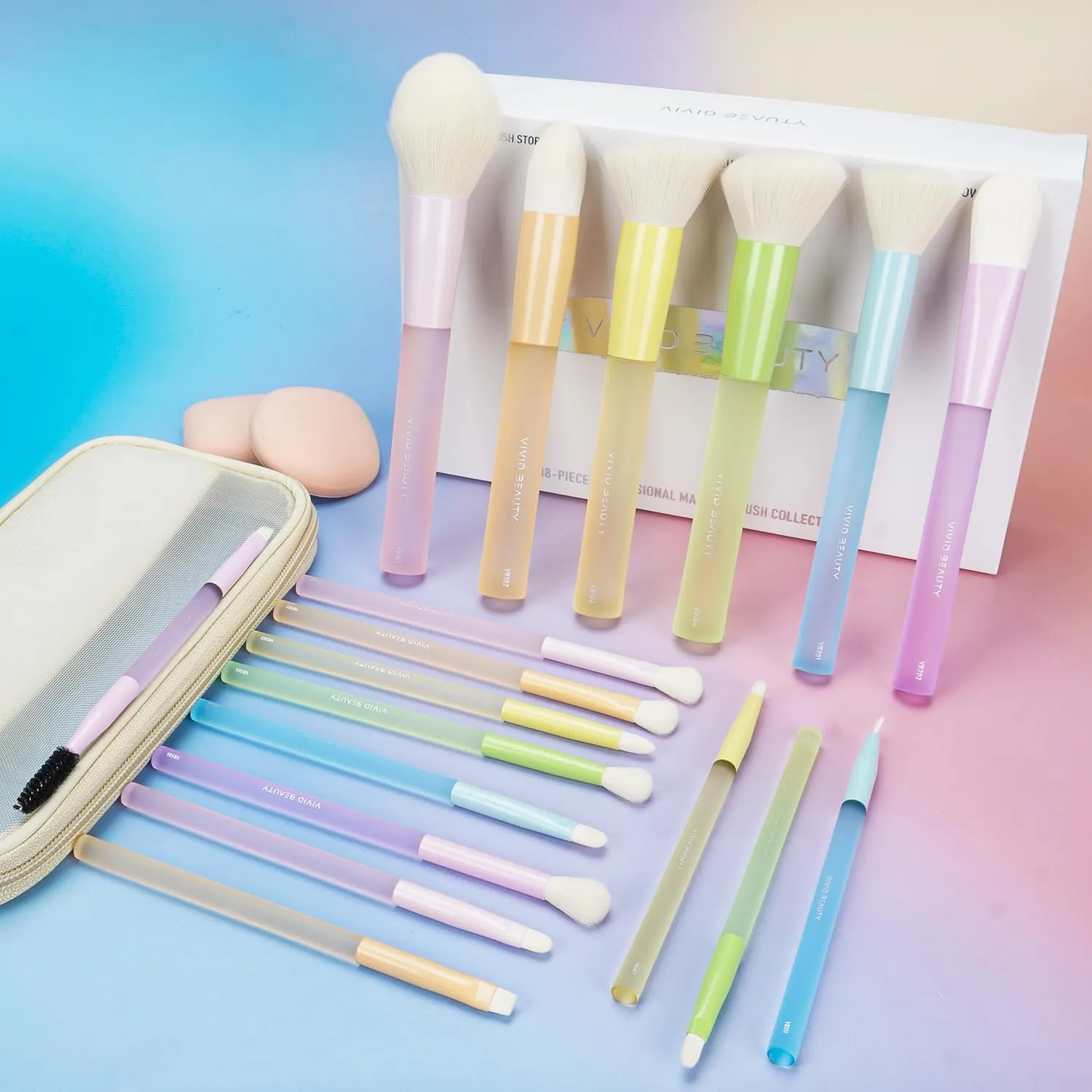 18pcs Colorful Makeup Brush Set with Make up Bag and Sponge Applicators for Liquid Foundation - Professional Cosmetics Tools Blush Blending Blender Brushes Gift Pack (Multi-Colored)