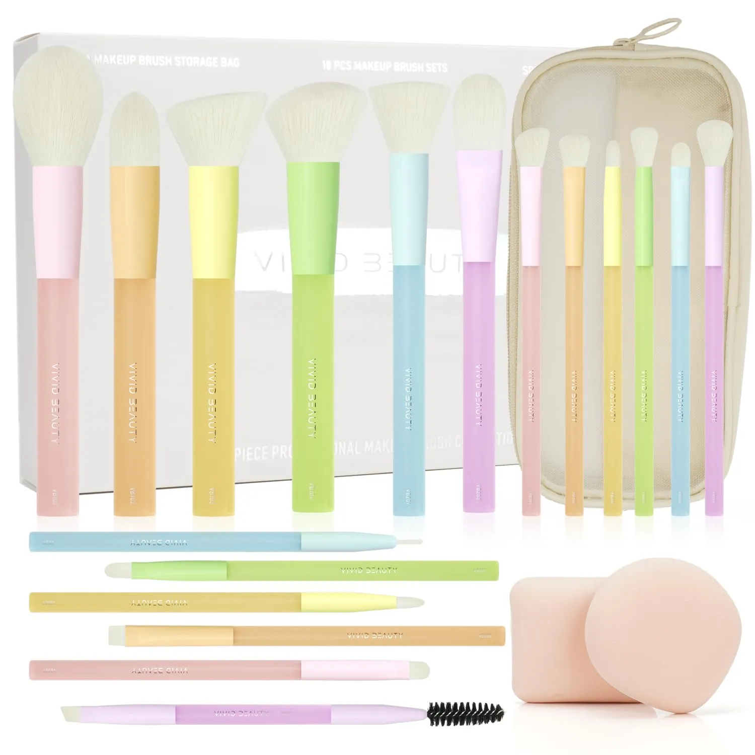 18pcs Colorful Makeup Brush Set with Make up Bag and Sponge Applicators for Liquid Foundation - Professional Cosmetics Tools Blush Blending Blender Brushes Gift Pack (Multi-Colored)