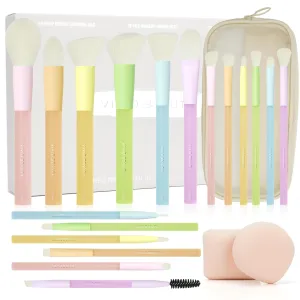 18pcs Colorful Makeup Brush Set with Make up Bag and Sponge Applicators for Liquid Foundation - Professional Cosmetics Tools Blush Blending Blender Brushes Gift Pack (Multi-Colored)