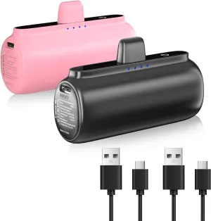 2 Pack 5500mAh Mini Portable Charger for iPhone, Ultra-Compact PD Fast Charging Cute Travel Portable Phone Charger, Power Bank for iPhone 14/14Pro/13/12/11/X/8/7/6 etc-Black Pink