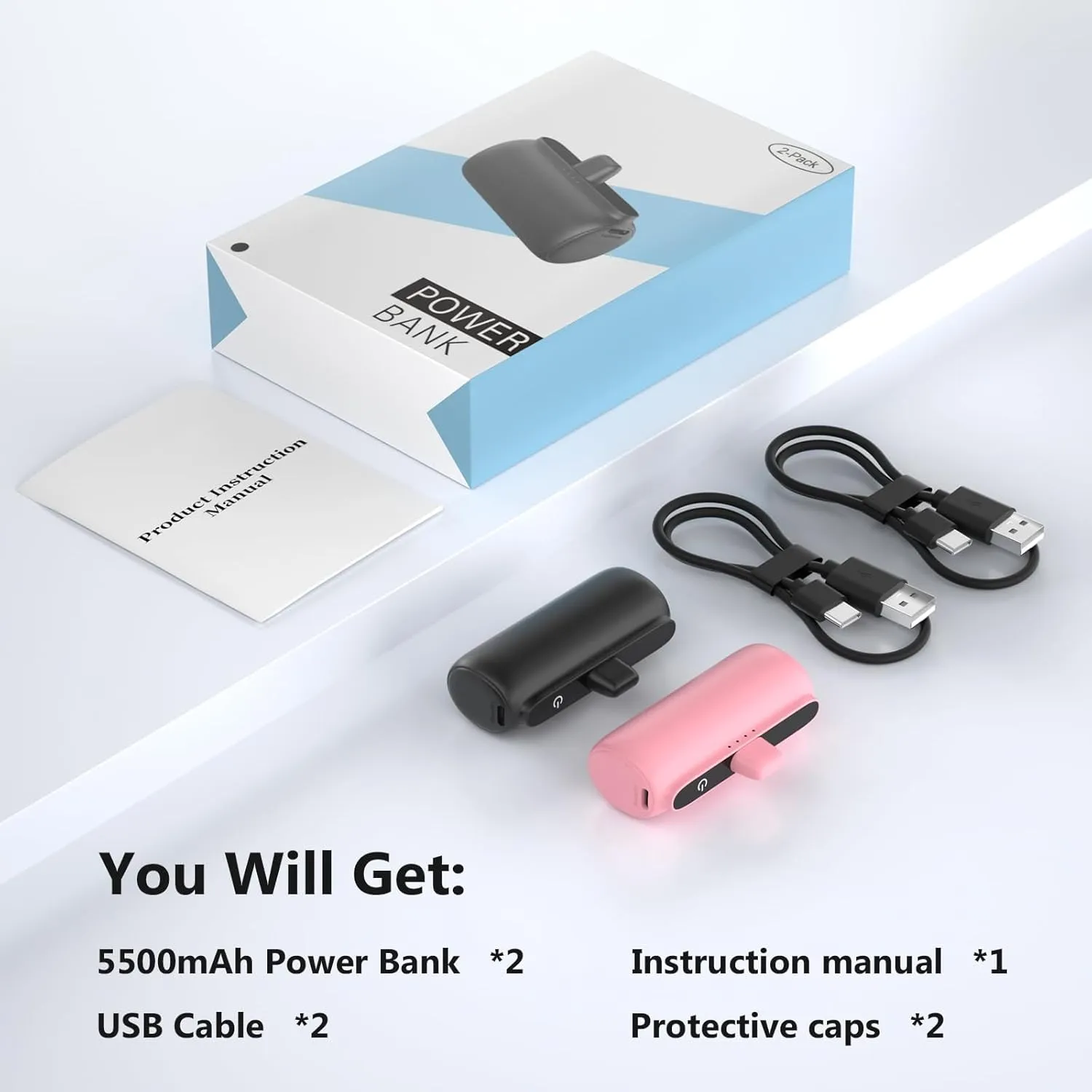 2 Pack 5500mAh Mini Portable Charger for iPhone, Ultra-Compact PD Fast Charging Cute Travel Portable Phone Charger, Power Bank for iPhone 14/14Pro/13/12/11/X/8/7/6 etc-Black Pink
