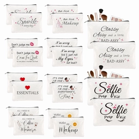 20PCS Make Up Bags Bulk Funny Canvas Cosmetic Bag Inspirational Toiletry Bags Bulk Makeup Pouches for Women Double Sided Printing Bulk Travel Pouch Bulk Gifts for Women Sister Employee