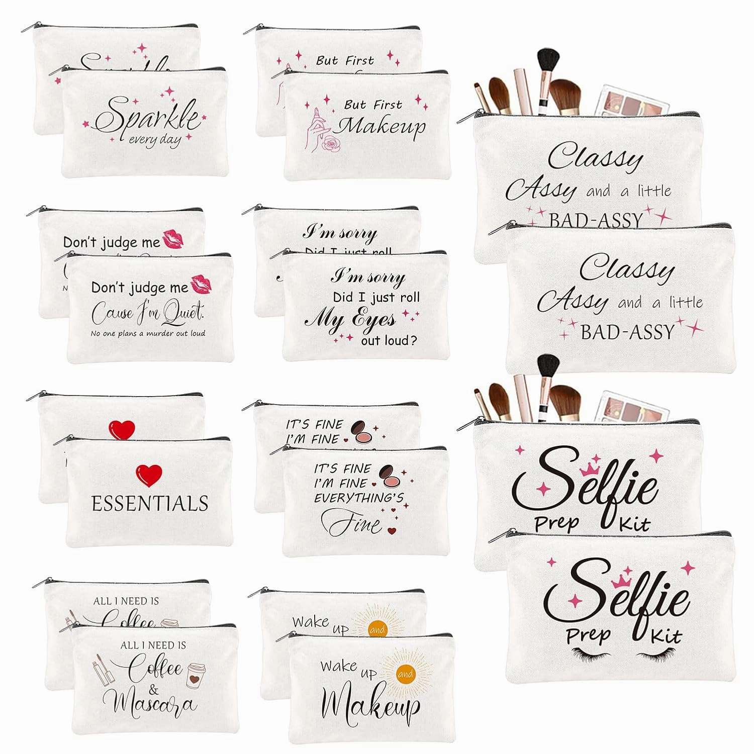 20PCS Make Up Bags Bulk Funny Canvas Cosmetic Bag Inspirational Toiletry Bags Bulk Makeup Pouches for Women Double Sided Printing Bulk Travel Pouch Bulk Gifts for Women Sister Employee