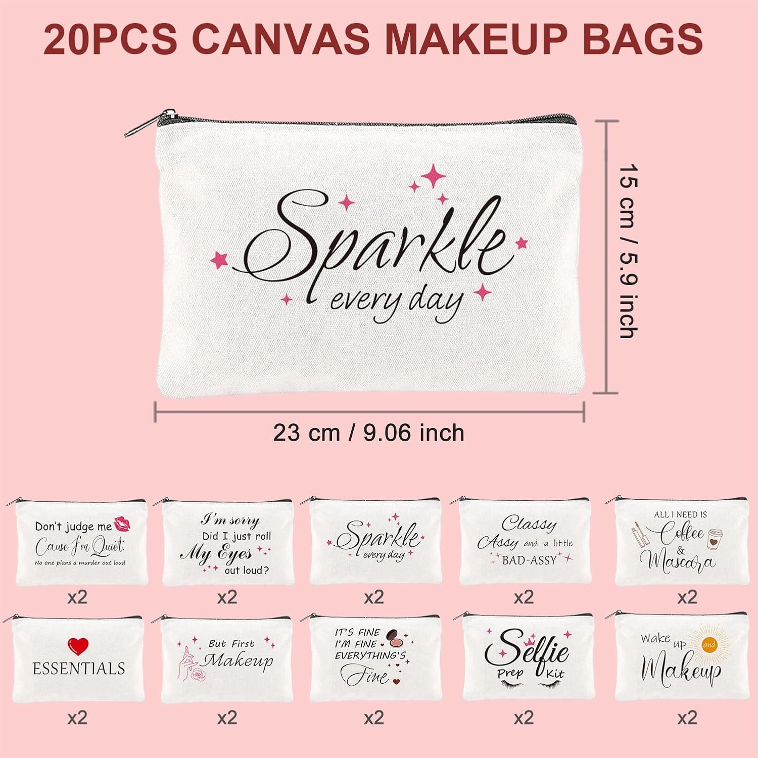 20PCS Make Up Bags Bulk Funny Canvas Cosmetic Bag Inspirational Toiletry Bags Bulk Makeup Pouches for Women Double Sided Printing Bulk Travel Pouch Bulk Gifts for Women Sister Employee