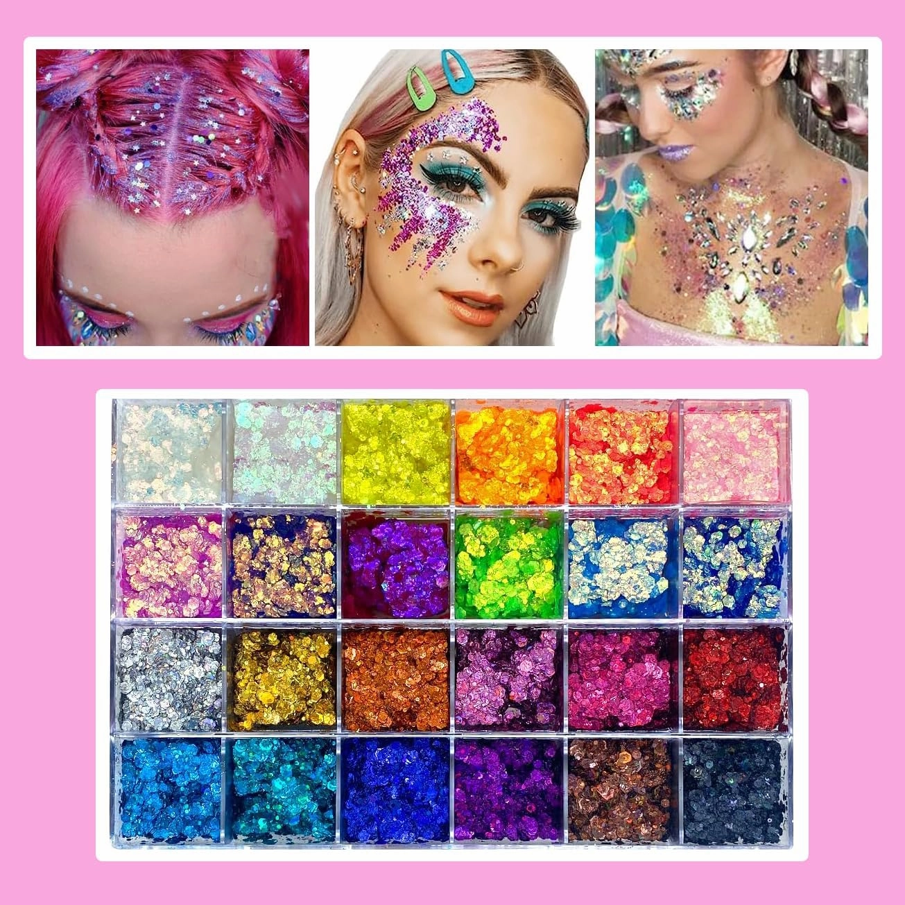 24 Color Pro Pallet - Holographic Body Glitter Gel for Body, Face, Hair - Vegan & Cruelty Free - Electric Bliss Beauty (24 Pack)