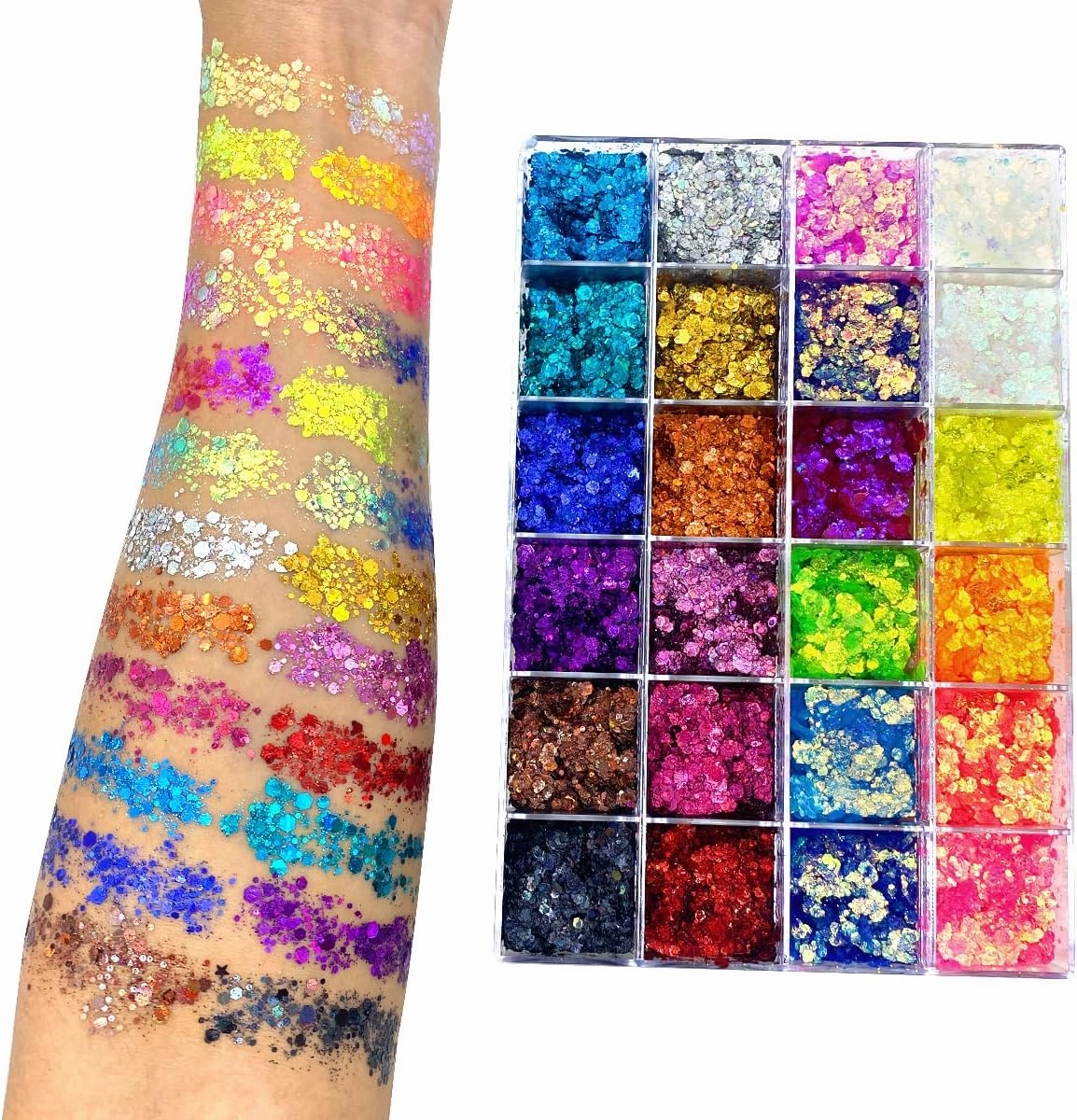 24 Color Pro Pallet - Holographic Body Glitter Gel for Body, Face, Hair - Vegan & Cruelty Free - Electric Bliss Beauty (24 Pack)