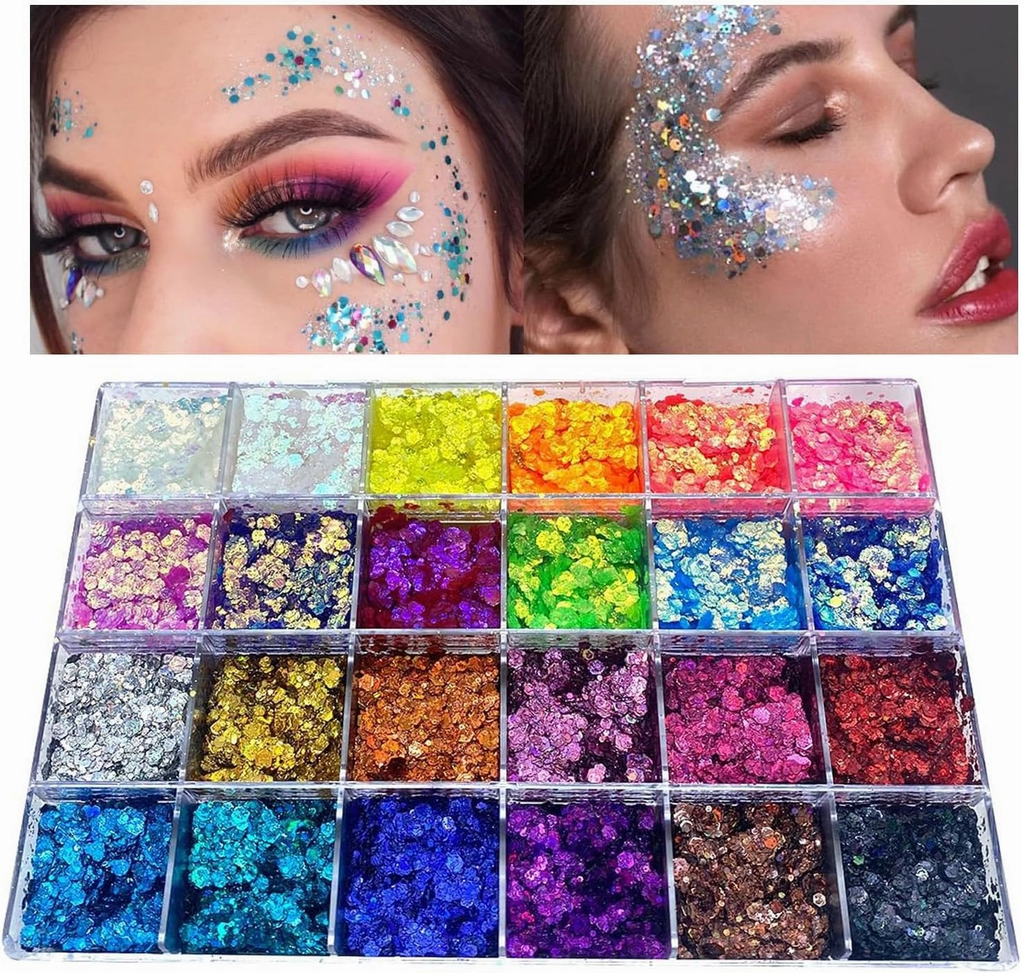 24 Color Pro Pallet - Holographic Body Glitter Gel for Body, Face, Hair - Vegan & Cruelty Free - Electric Bliss Beauty (24 Pack)