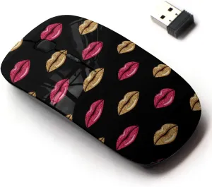 2.4G Wireless Mouse with Cute Pattern Design for All Laptops and Desktops with Nano Receiver - Pink Gold Shimmer Lipstick kiss