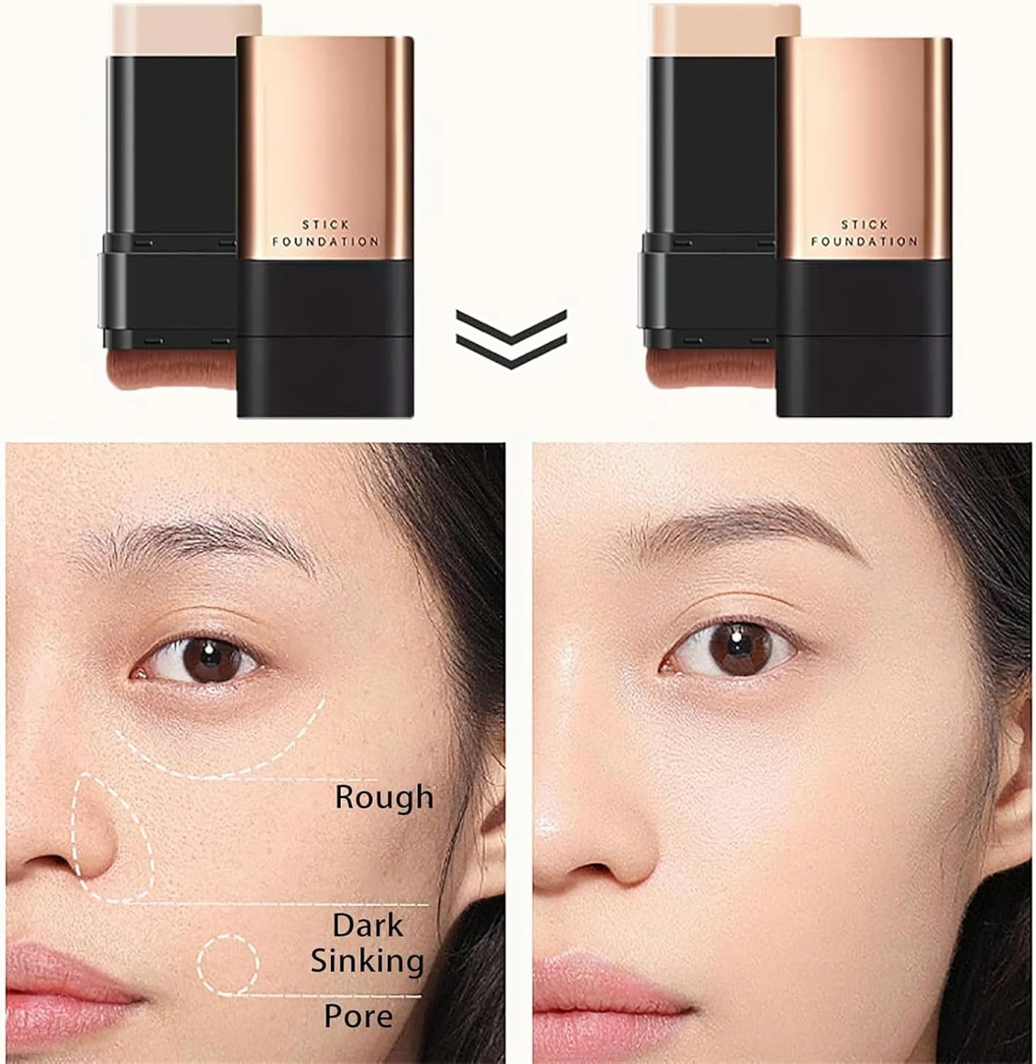 2 in 1- Luxury Anti-Wrinkle Foundation Stick, Natural Matte Finish Foundation Stick with Brush, Korea Flawless Eraser Foundation Stick, Double Head Foundation Make-Up Stick