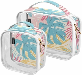 2 Pack Clear Makeup Bag, Palm Leaves Pink Blue Cosmetic Organizer Waterproof Travel Toiletry Bags for Women Transparent Handbag Purse