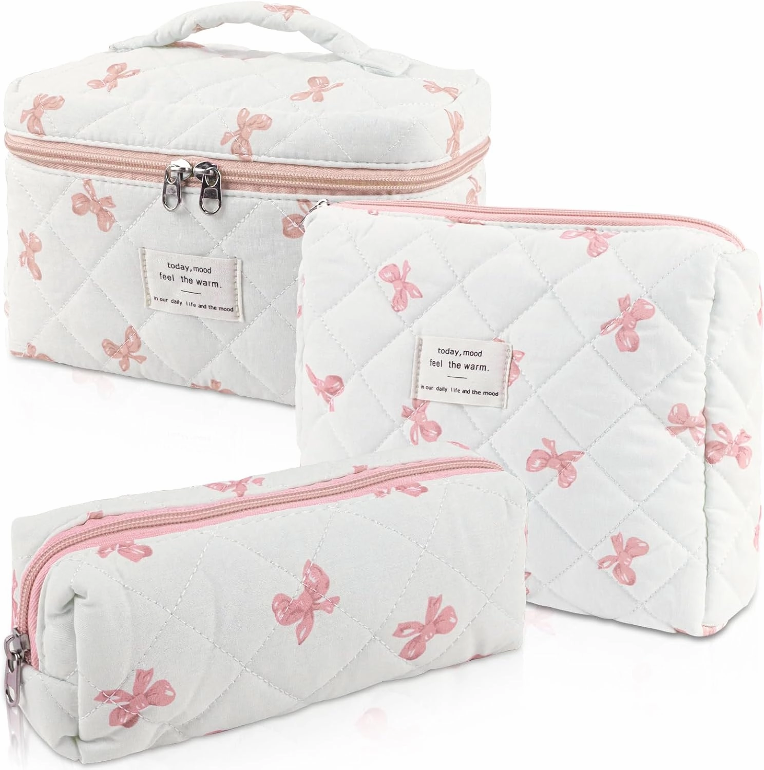 3 Sizes Pcs Cotton Quilted Makeup Bag Set, Travel Toiletry Personalized Cute Blue Floral Cosmetic Makeup Bag Extra Large Small Organizer Bags (Pink Bow)