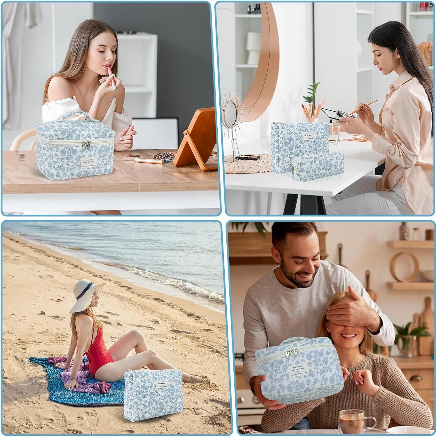 3 Sizes Pcs Cotton Quilted Makeup Bag Set, Travel Toiletry Personalized Cute Blue Floral Cosmetic Makeup Bag Extra Large Small Organizer Bags (Pink Bow)