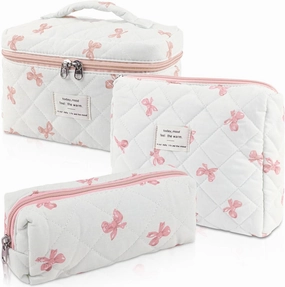 3 Sizes Pcs Cotton Quilted Makeup Bag Set, Travel Toiletry Personalized Cute Blue Floral Cosmetic Makeup Bag Extra Large Small Organizer Bags (Pink Bow)