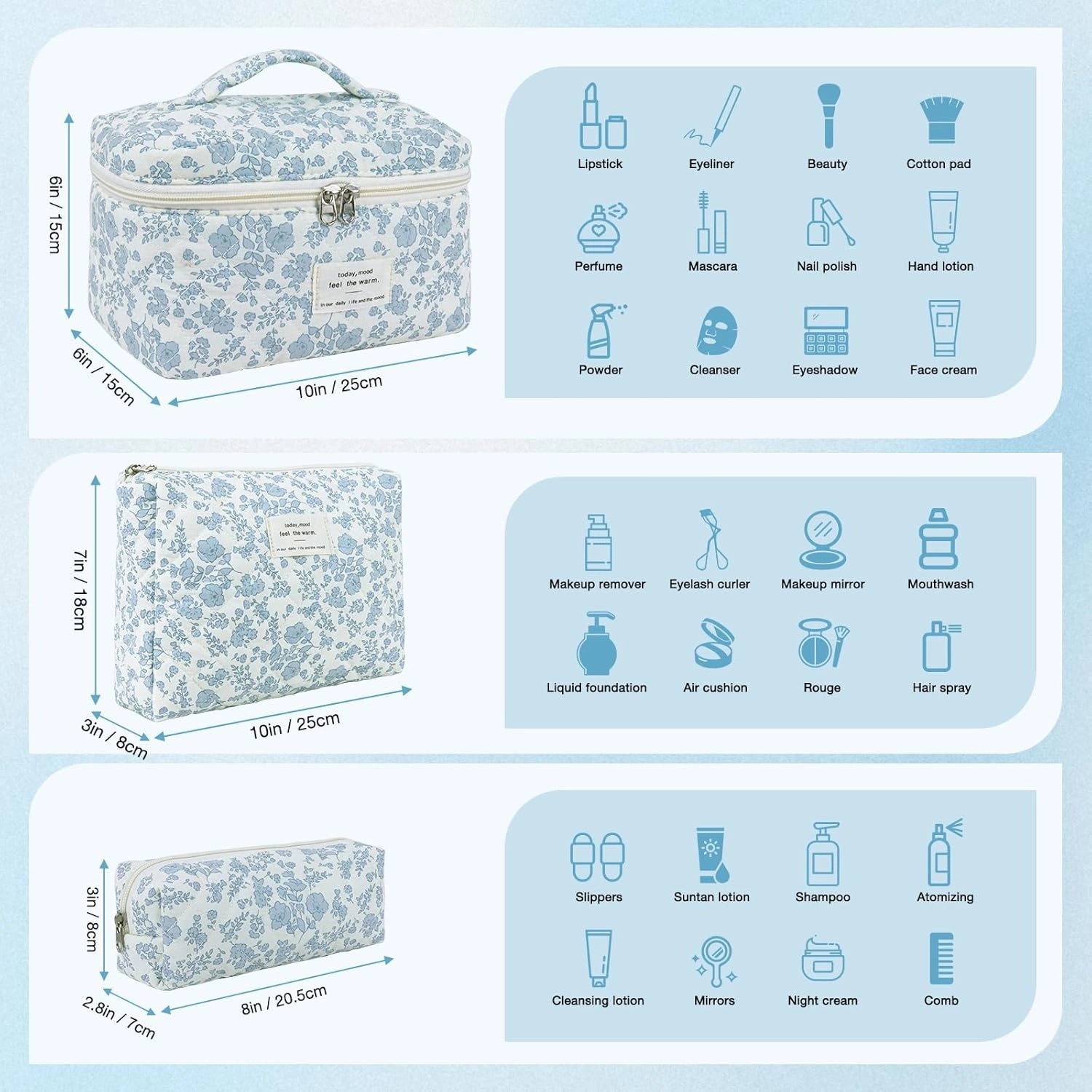 3 Sizes Pcs Cotton Quilted Makeup Bag Set, Travel Toiletry Personalized Cute Blue Floral Cosmetic Makeup Bag Extra Large Small Organizer Bags (Pink Bow)