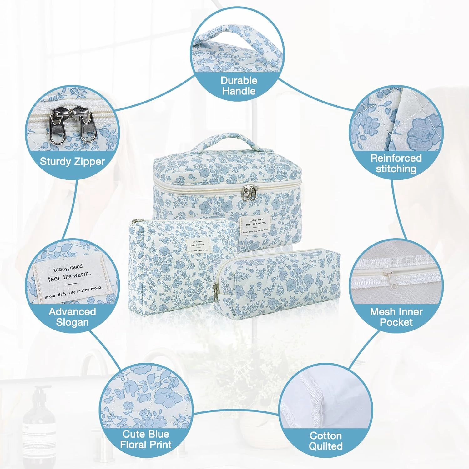 3 Sizes Pcs Cotton Quilted Makeup Bag Set, Travel Toiletry Personalized Cute Blue Floral Cosmetic Makeup Bag Extra Large Small Organizer Bags (Pink Bow)