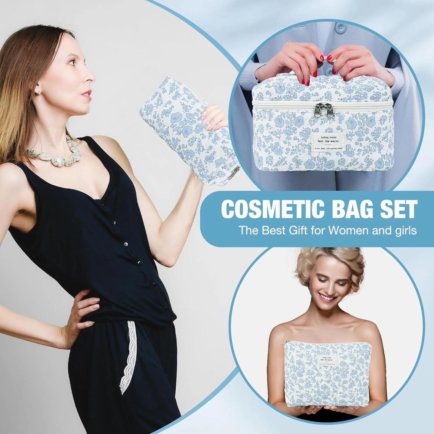 3 Sizes Pcs Cotton Quilted Makeup Bag Set, Travel Toiletry Personalized Cute Blue Floral Cosmetic Makeup Bag Extra Large Small Organizer Bags (Pink Bow)
