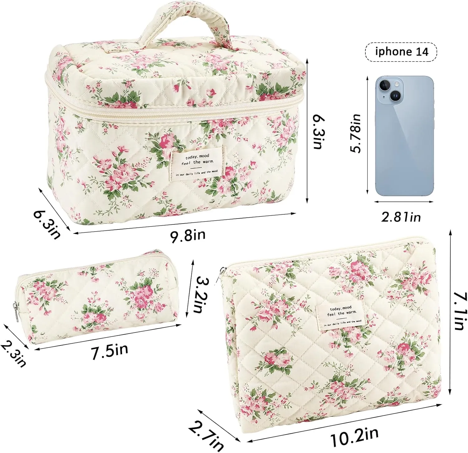 3Pcs Cotton Quilted Makeup Bag for Women Girls Large Small Travel Pink Floral Cosmetic Bags Set Cute Coquette Makeup Pouch for Purse Aesthetic Cloth Flower Storage Toiletry Bag Organizer