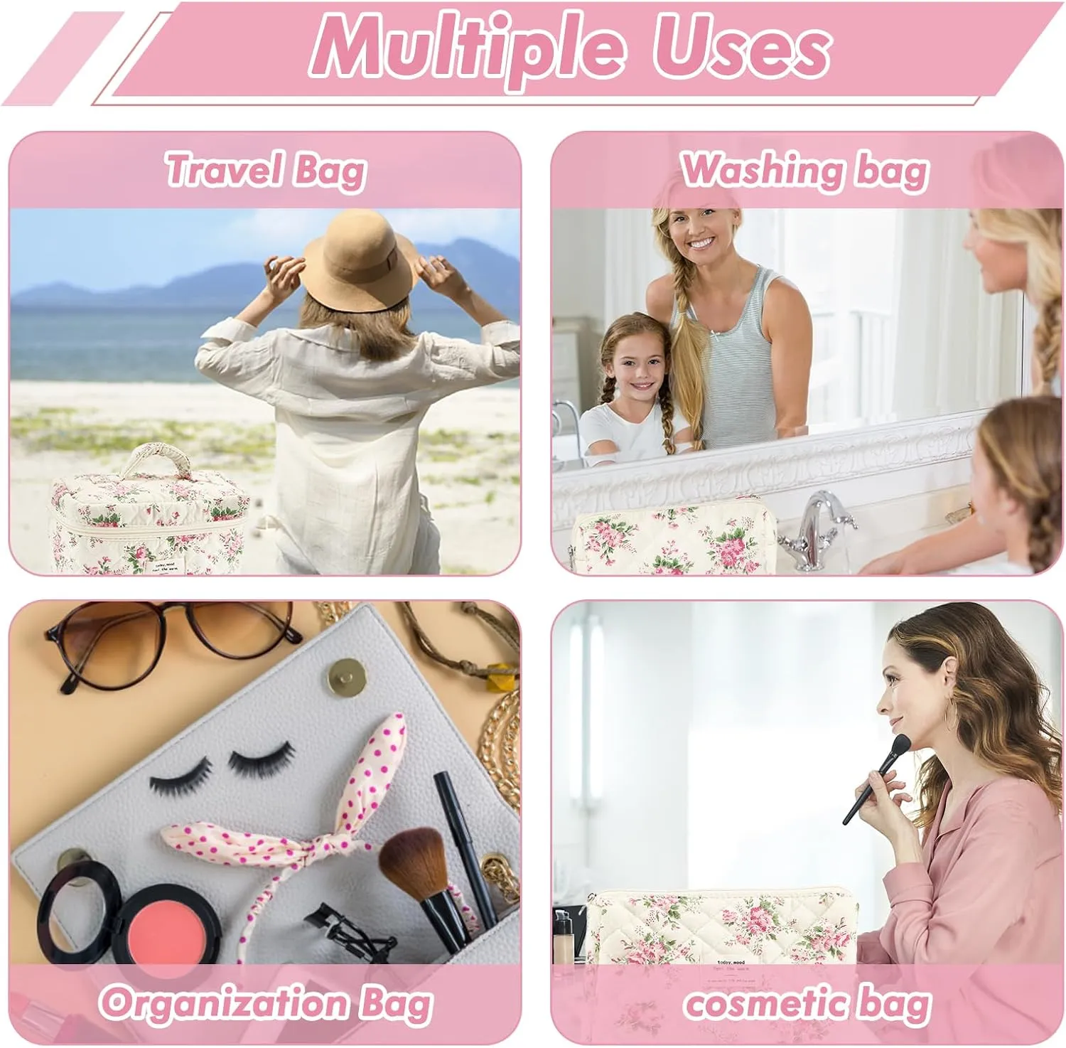 3Pcs Cotton Quilted Makeup Bag for Women Girls Large Small Travel Pink Floral Cosmetic Bags Set Cute Coquette Makeup Pouch for Purse Aesthetic Cloth Flower Storage Toiletry Bag Organizer