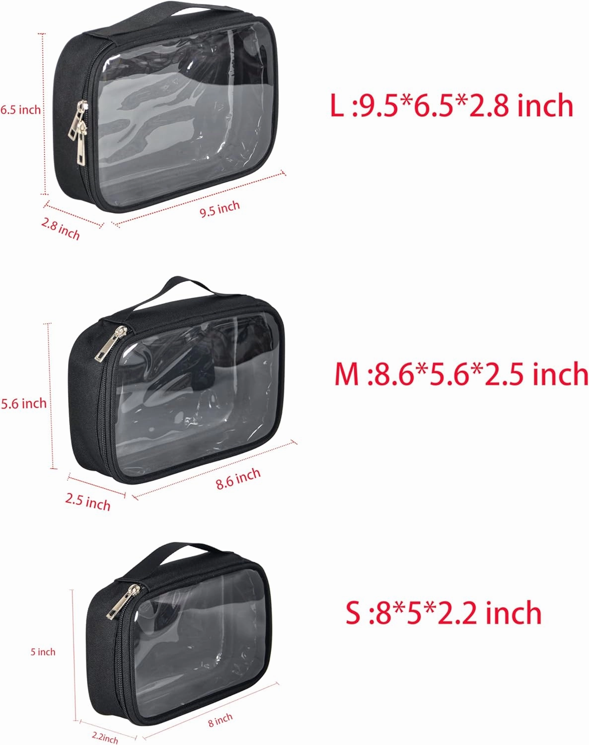 3pcs Pack TSA Approved Travel Pro Beauty Makeup Kits Cosmetic Organizers Case Clear Utility Pouch Combo Set Bag with Zipper & Handle (Black)