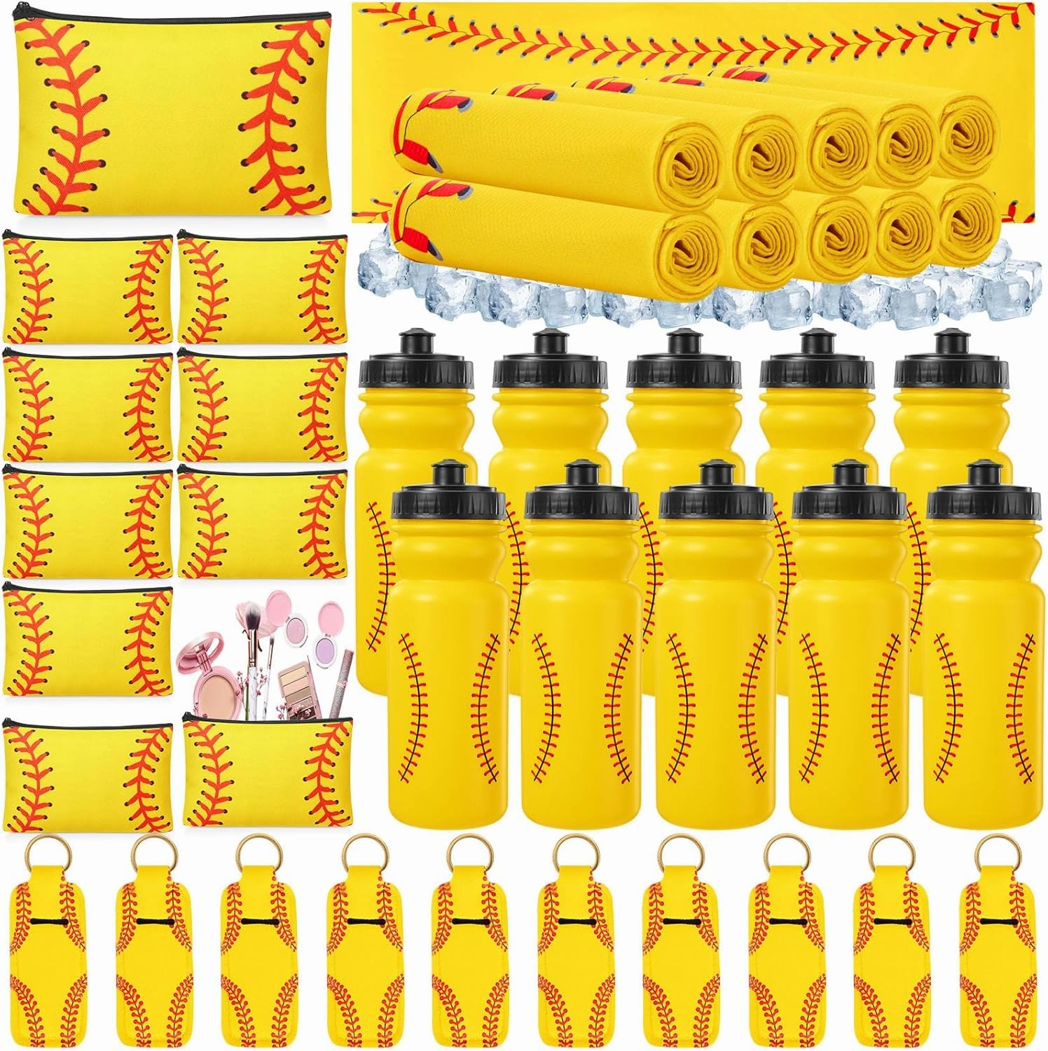 40 Pcs Softball Team Gifts Bulk 10 Softball Water Bottles 10 Cooling Towels 10 Cosmetic Bags 10 Lipstick Holders, Chilly Ice Towel Squeeze Water Bottles Girl Summer Sports Party Favors Coach Gifts