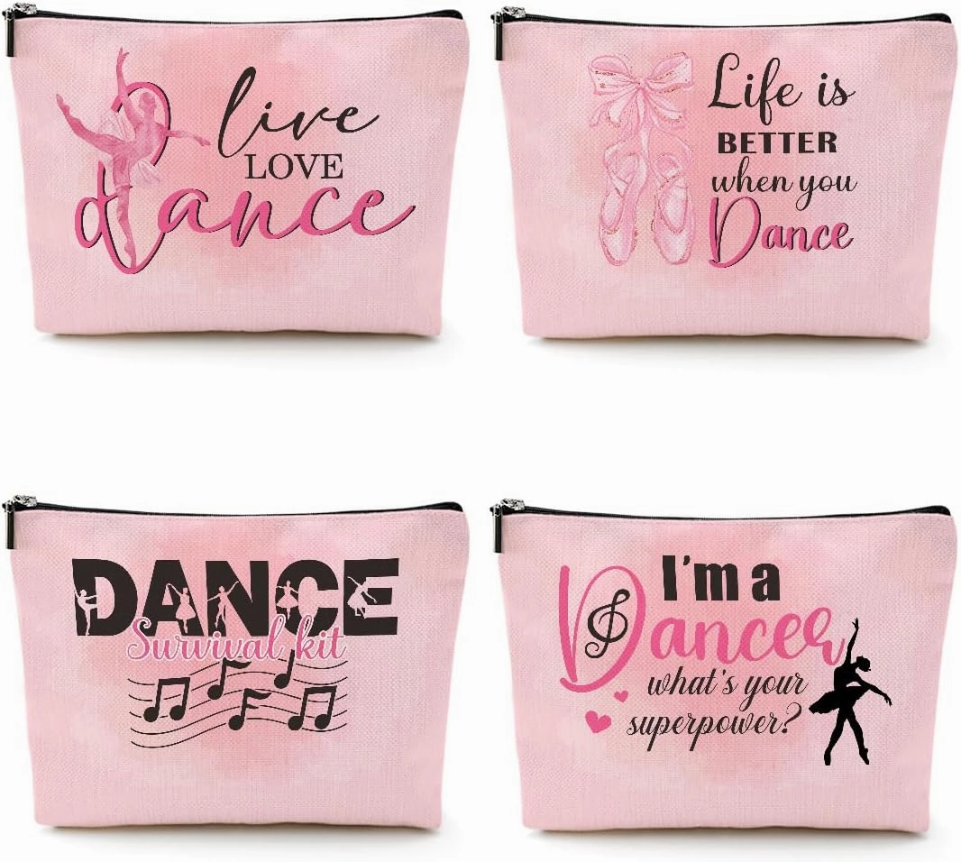 4 Pcs Dance Makeup Bag, Dancer Gifts, Dance Gifts Dance Stuff Cosmetic Bag Dance Recital Gifts for Girls Women Friends Teammates Travel Toiletry Bag, Dance Teacher Gifts Graduation Birthday Gifts