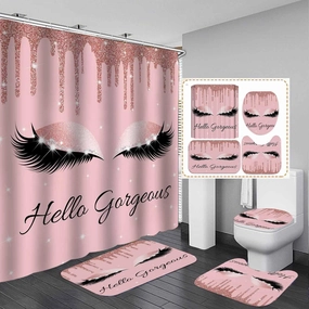 4PCS Hello Gorgeous Unicorn Eyelash Shower Curtain Set Luxury Diamond Rose Gold Glitter Eyeshadow Makeup Pink Glam Beauty Fashion Girly Women Bathroom Decor Non-slip Bath Mat Toilet Rug, Bling