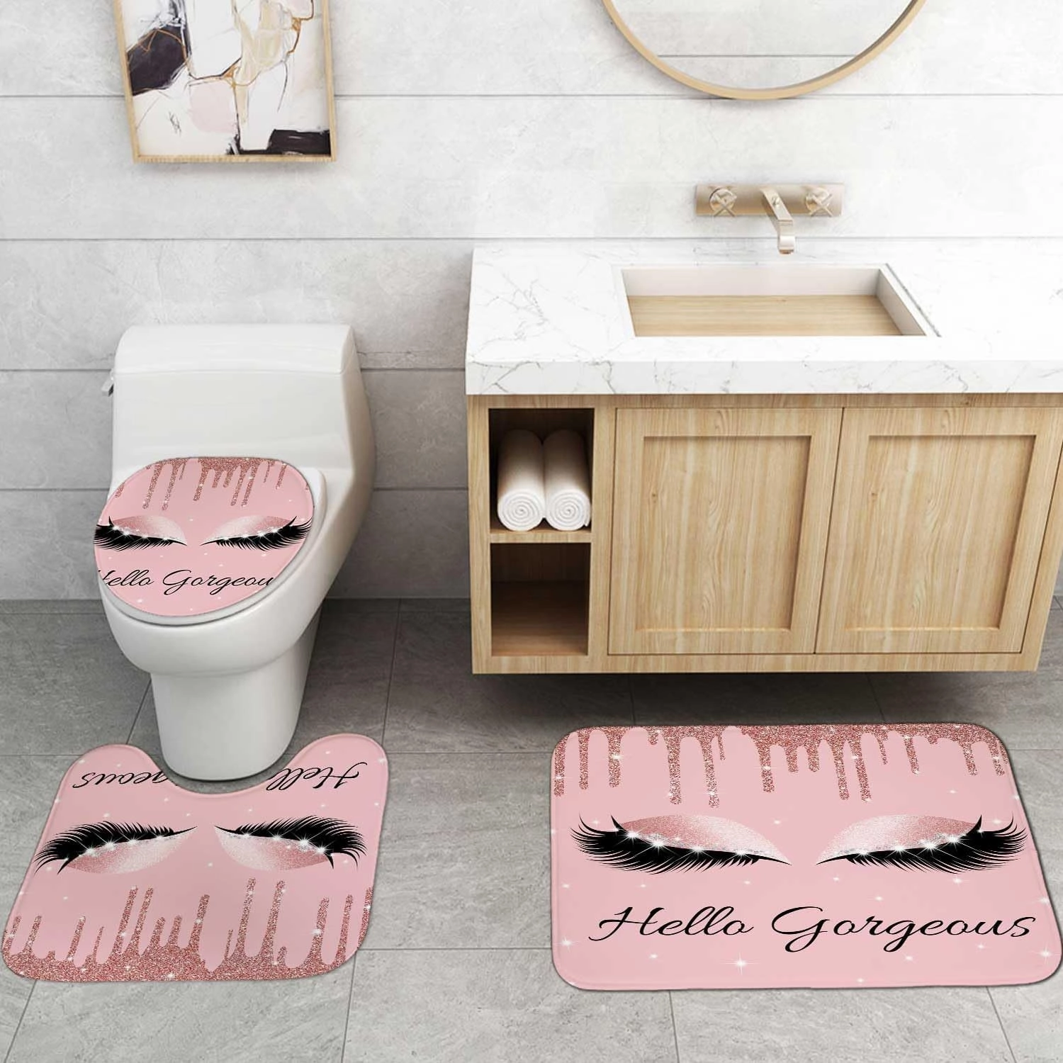 4PCS Hello Gorgeous Unicorn Eyelash Shower Curtain Set Luxury Diamond Rose Gold Glitter Eyeshadow Makeup Pink Glam Beauty Fashion Girly Women Bathroom Decor Non-slip Bath Mat Toilet Rug, Bling