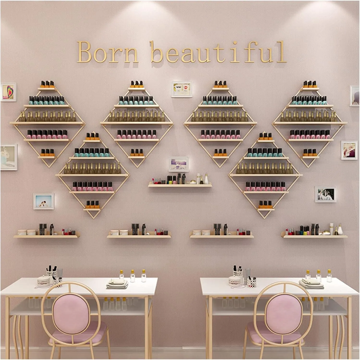 5 Tier Wall Mounted Metal Nail Polish Rack, Rectangular Decorative Sturdy Storage Display Rack, Home Salon l Oil Cosmetics Storage Rack (Gold 7 Piece Set)