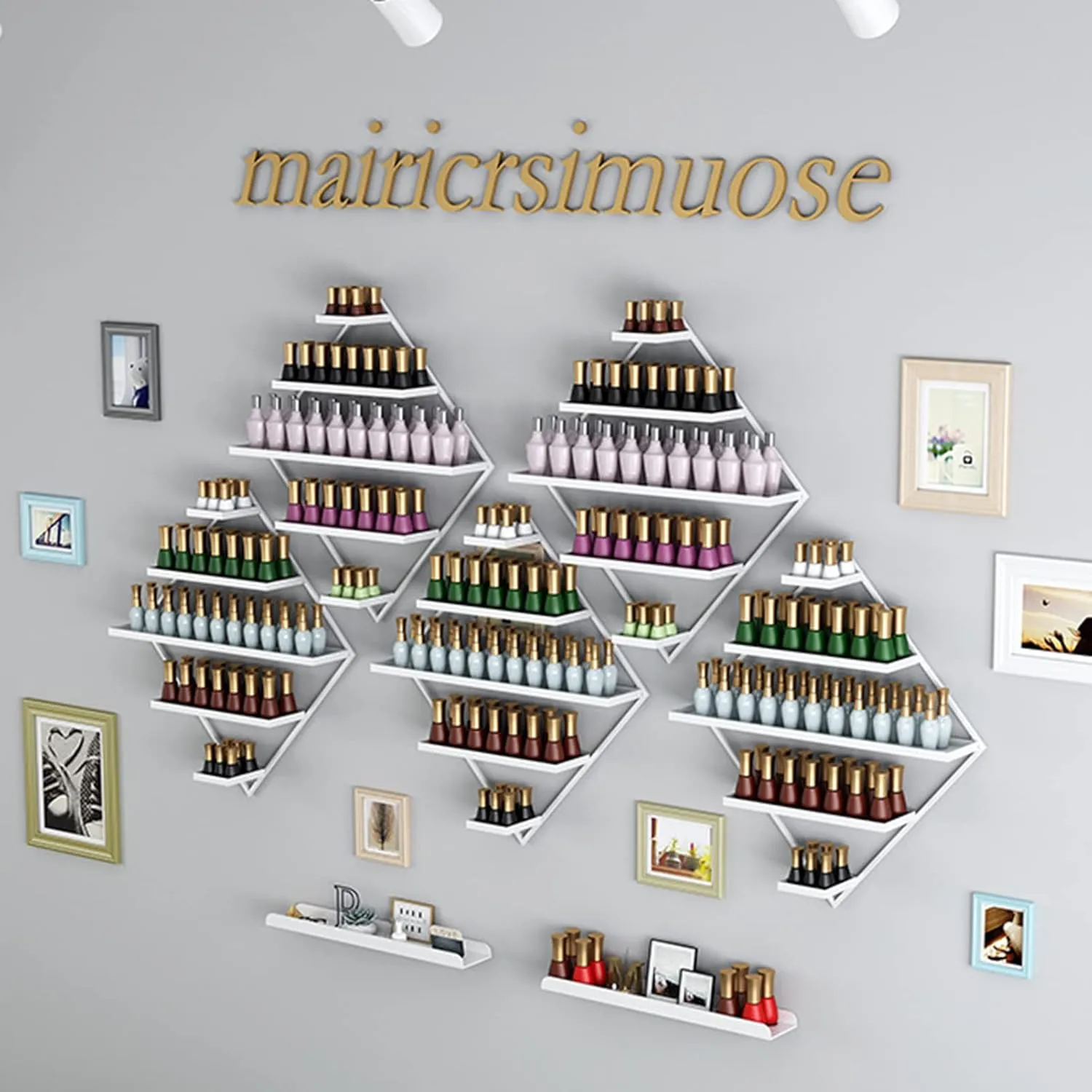 5 Tier Wall Mounted Metal Nail Polish Rack, Rectangular Decorative Sturdy Storage Display Rack, Home Salon l Oil Cosmetics Storage Rack (Gold 7 Piece Set)
