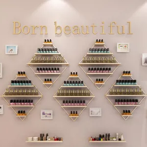 5 Tier Wall Mounted Metal Nail Polish Rack, Rectangular Decorative Sturdy Storage Display Rack, Home Salon l Oil Cosmetics Storage Rack (Gold 7 Piece Set)