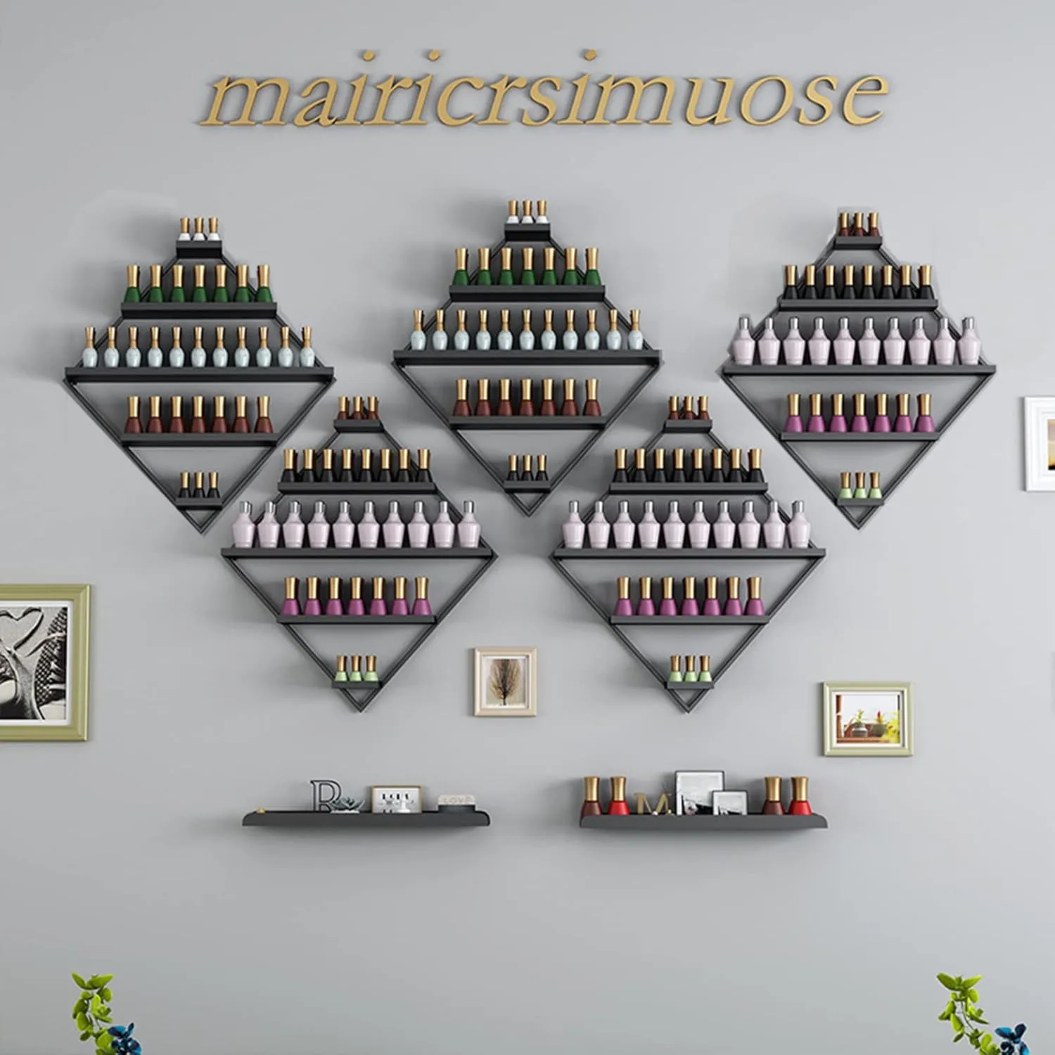 5 Tier Wall Mounted Metal Nail Polish Rack, Rectangular Decorative Sturdy Storage Display Rack, Home Salon l Oil Cosmetics Storage Rack (Gold 7 Piece Set)