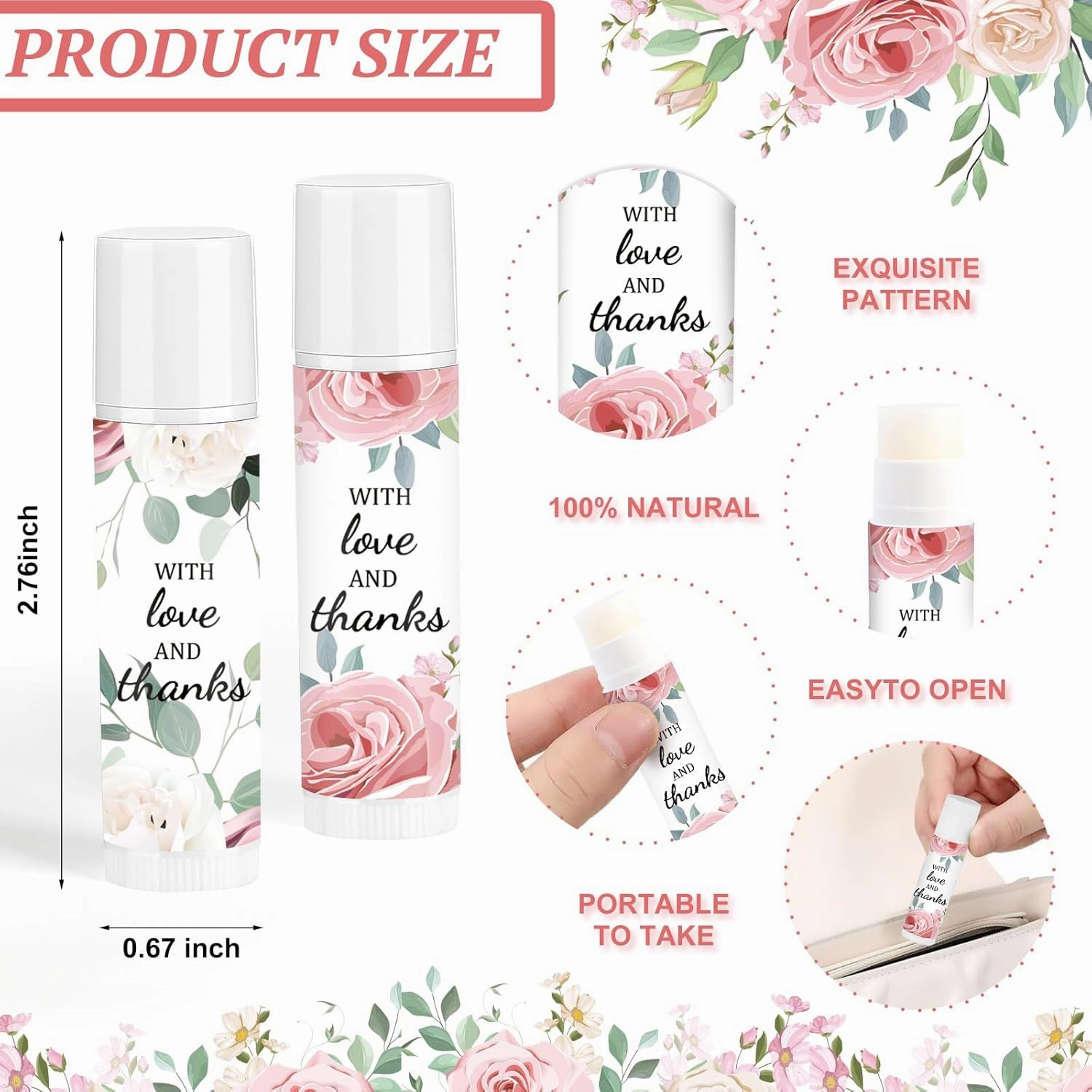 50 Pcs Wedding Lip Balm Bulk, Vintage Greenery Lip Balm Moisturizing and Nourishing Lip Care Guests Lip Care Gift for Wedding Bridal Shower Baby Shower Party Favors (Pink Flower)