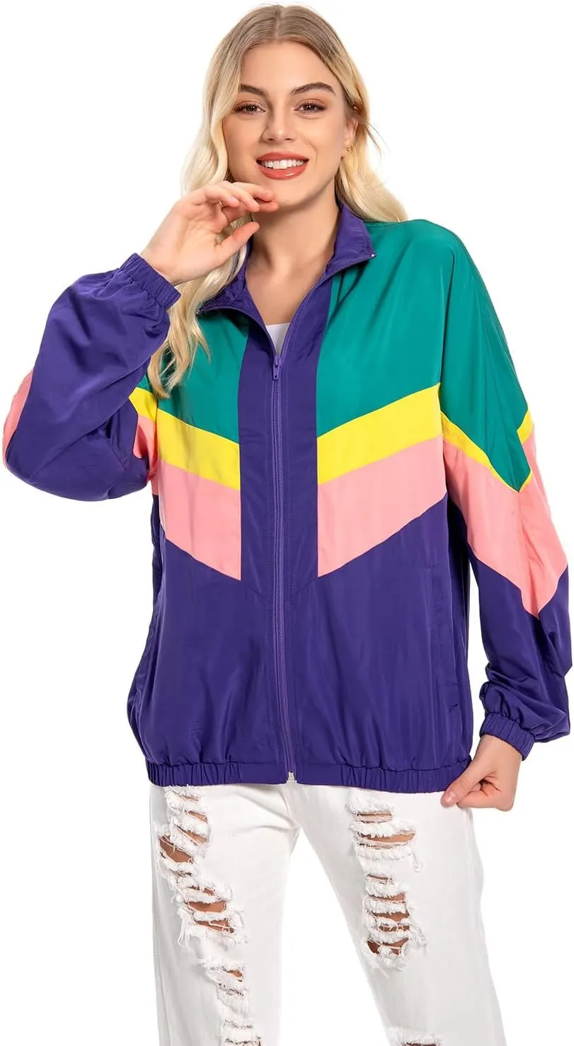 80s Color Block Jacket for Women, Neon Windbreaker Tracksuit Retro Workout Outfit for Themed Party