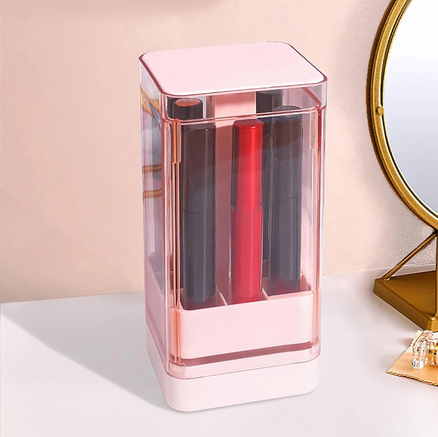 8/12 Slot Acrylic Lipstick & Makeup Organizer Dustproof Lipstick Storage Box Pressed Auto Lift Lipstick Holder Clear Cosmetic Display Cases for Bathroom Counter or Dresser (Pink#8 Slot)
