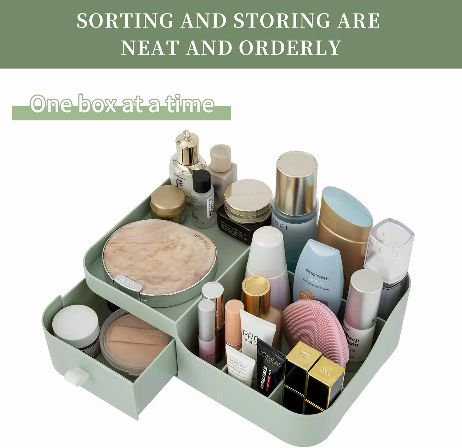 Abiudeng Makeup Desk Organizer with Drawers,Small Bathroom Organizer Countertop for Cosmetics,Skincare,Vanity Holder for Lipstick, Brushes, Lotions, Eyeshadow, Nail Polish and Jewelry(green)