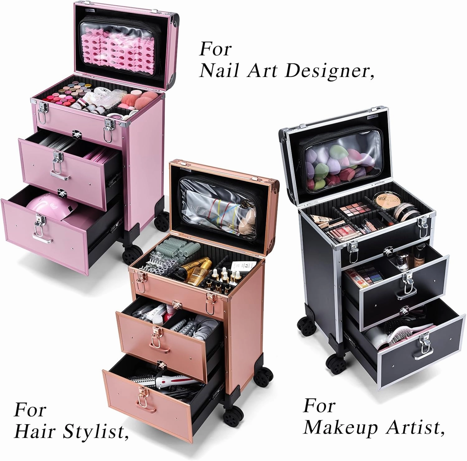 Adazzo Professional Rolling Makeup Train Case with Drawers, Large Cosmetic Trolley with Locks, Cosmetics Storage Organizer Make up Case for Travel Makeup/Nail Art/Hair Styling, Matte Black