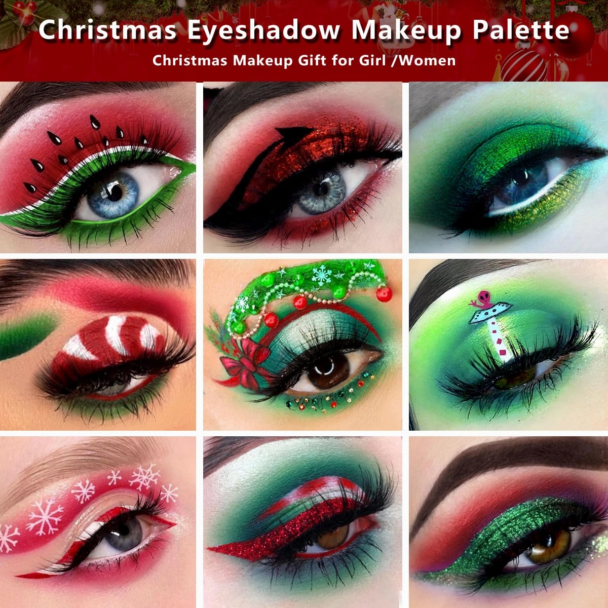 Afflano Christmas Eyeshadow Palette, Multichrome Green Eyeshadow Palette   True Red Eyeshadow Palette, Highly Pigmented Red Green Glitter Eyes Makeup, Halloween Clown Christmas Candy Grinch Makeup